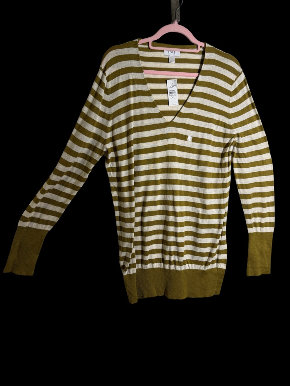 LOFT Olive Green and Bone White Striped V-Neck Sweater